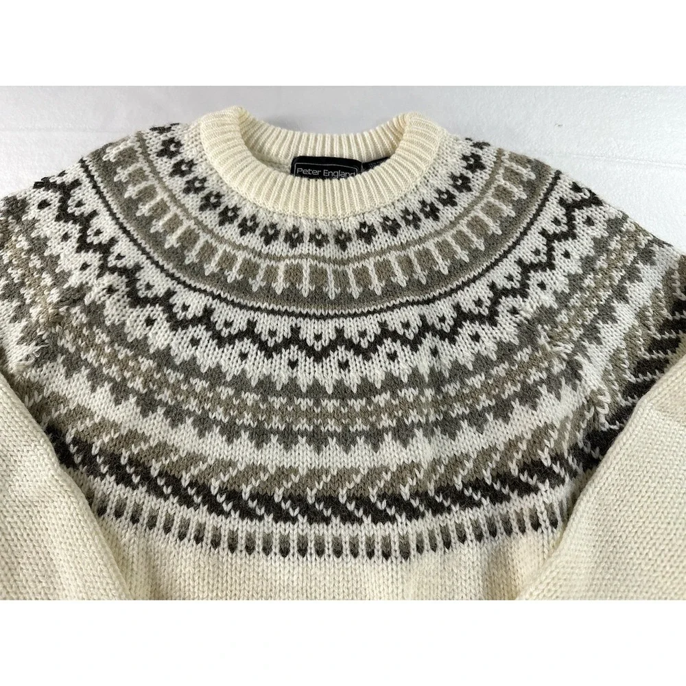 VTG Peter England Fair Isle Geometric Pattern Sweater Adult Large Ivory Ski Knit